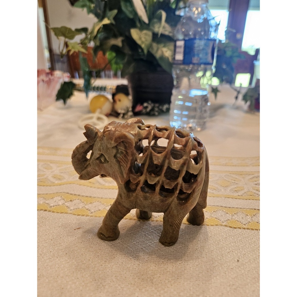 Elephant Carved Soap Stone With Second Carved Baby Elephant Inside 3X3.5